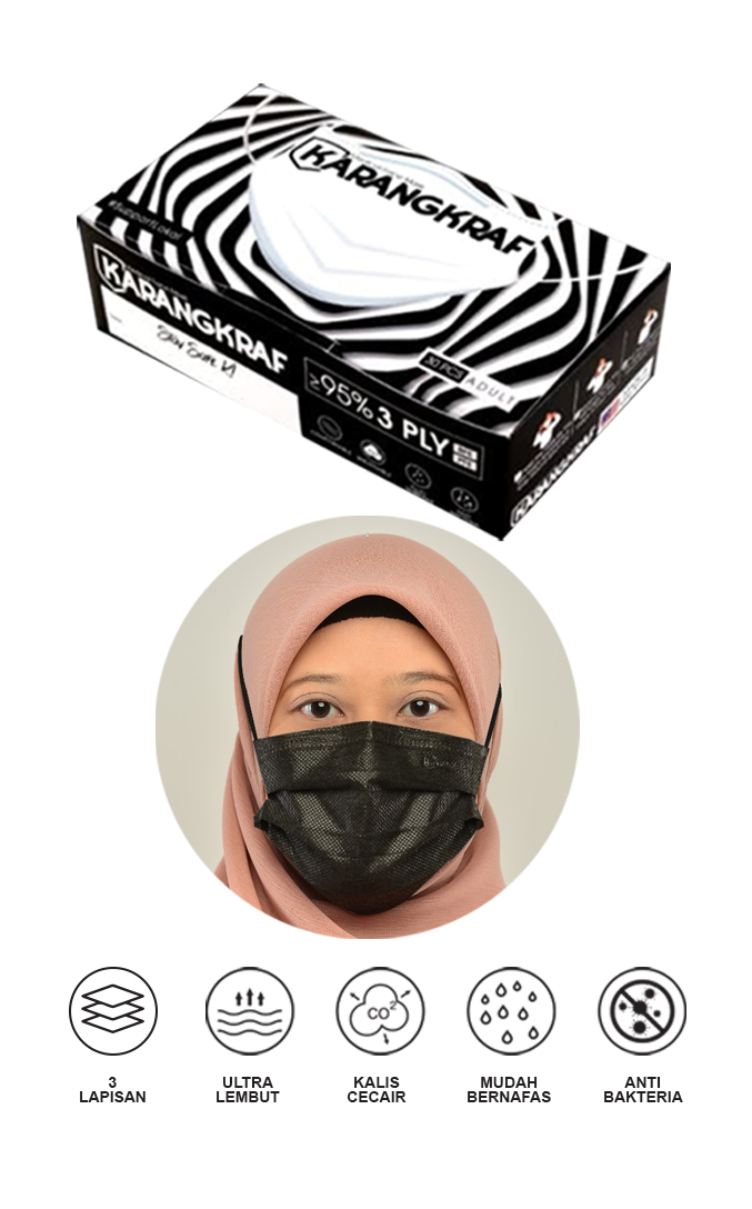 Surgical Face Mask Karangkraf Earloop [30 Helai] - Hitam + 6 Hyg