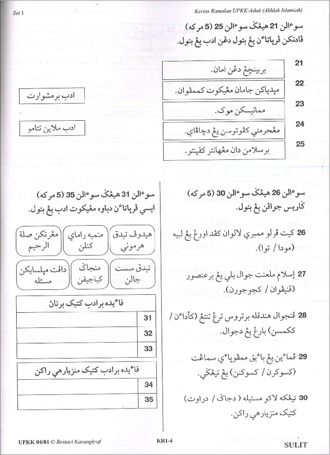 Kertas Ramalan UPKK - Adab (Akhlak Islamiah) Terbitan tahun 2020