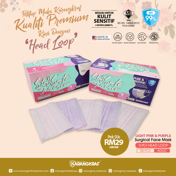 Surgical Face Mask Karangkraf Headloop [50 Helai] - Pink & Purpl