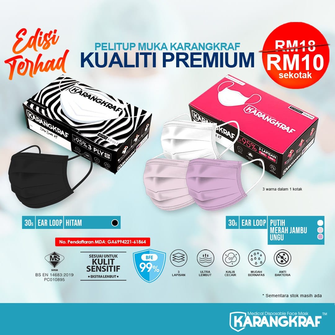 Surgical Face Mask Karangkraf Earloop [30 Helai] - Mix + 6 Hygie