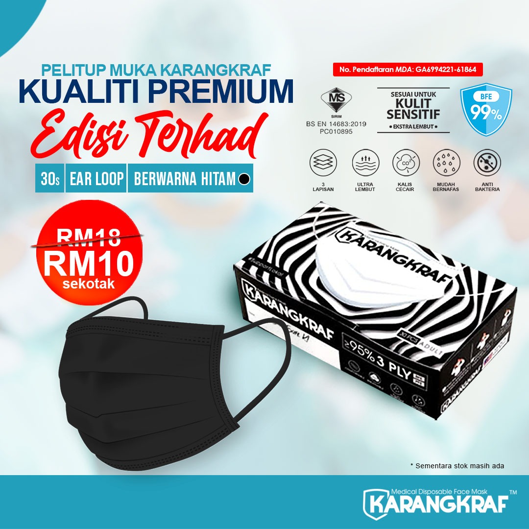 Surgical Face Mask Karangkraf Earloop [30 Helai] - Hitam + 6 Hyg