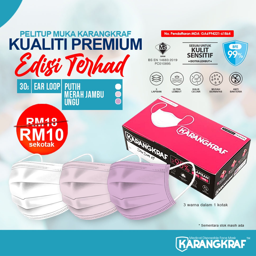 Surgical Face Mask Karangkraf Earloop [30 Helai] - Mix + 6 Hygie