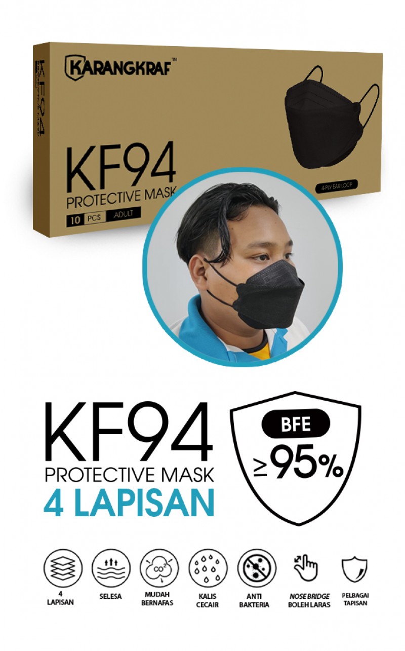 Karangkraf KF94 Face Mask 4ply (Black) (EarLoop) - 10pcs