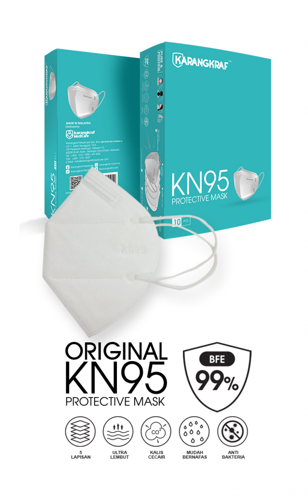 Karangkraf KN95 Face Mask 5ply (White) (Earloop) - 10pcs