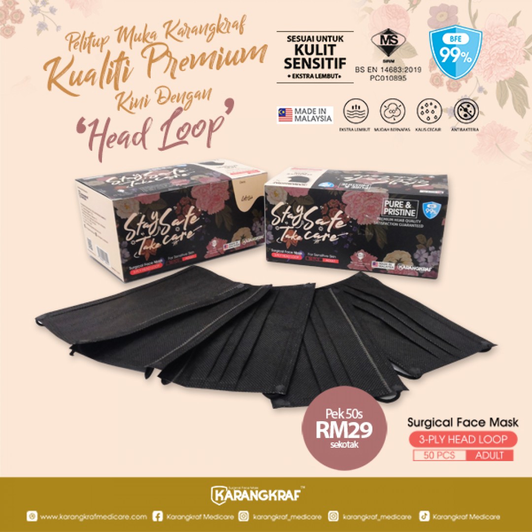 Surgical Face Mask Karangkraf Headloop [50 Helai] - Hitam