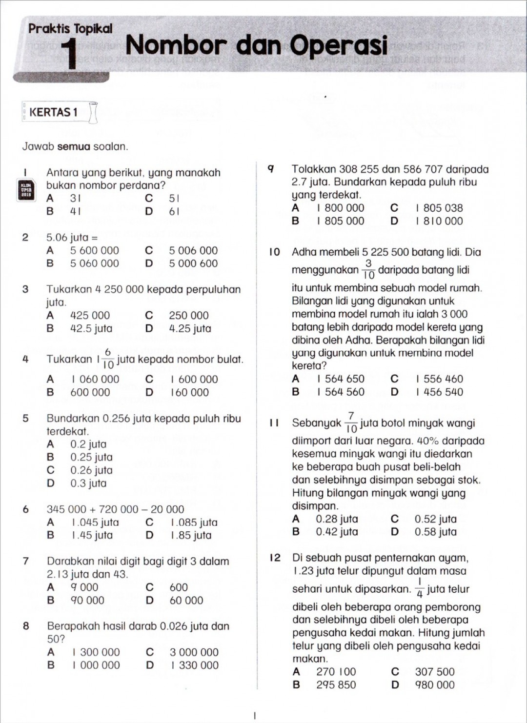 Praktis Topikal UPSR (2019) Matematik Tahun 6