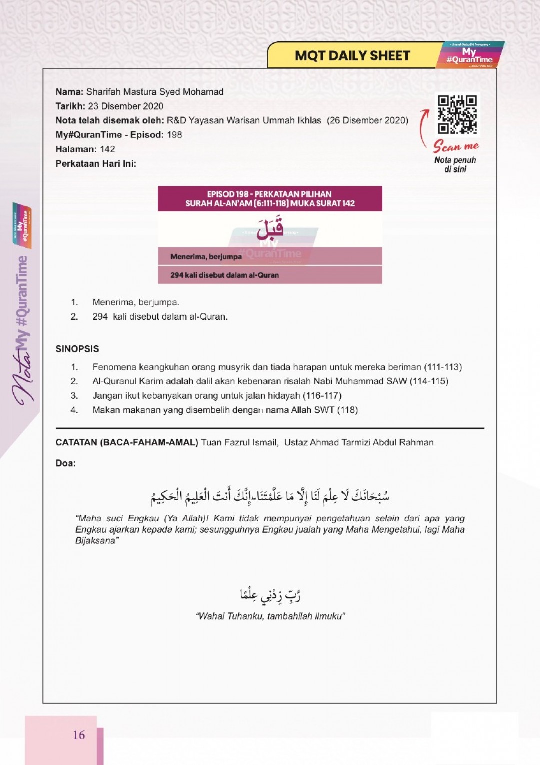 Nota My#QuranTime Juzuk 8