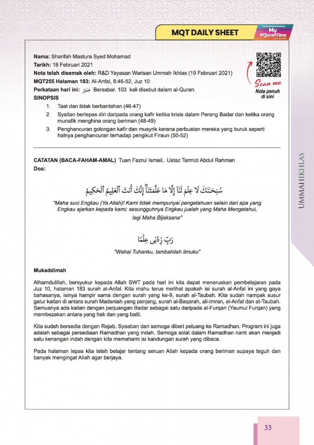 Nota My#QuranTime Juzuk 10