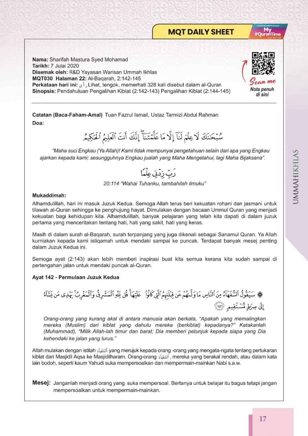 Nota My#QuranTime Juzuk 2