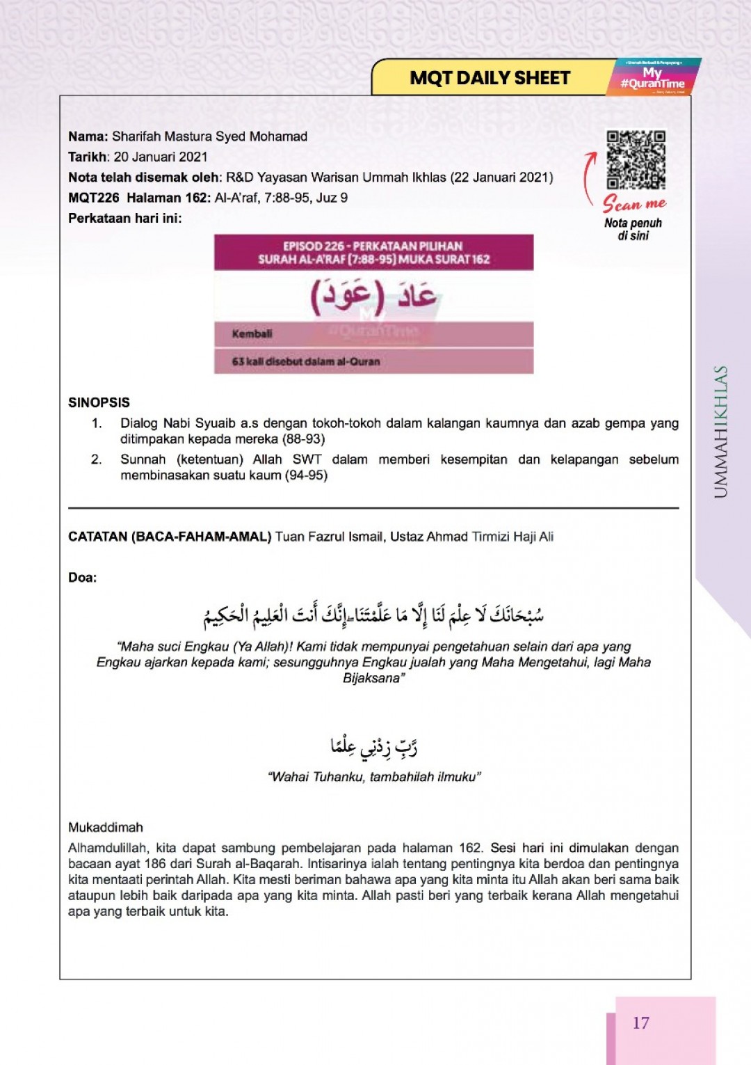 Nota My #QuranTime Juzuk 9